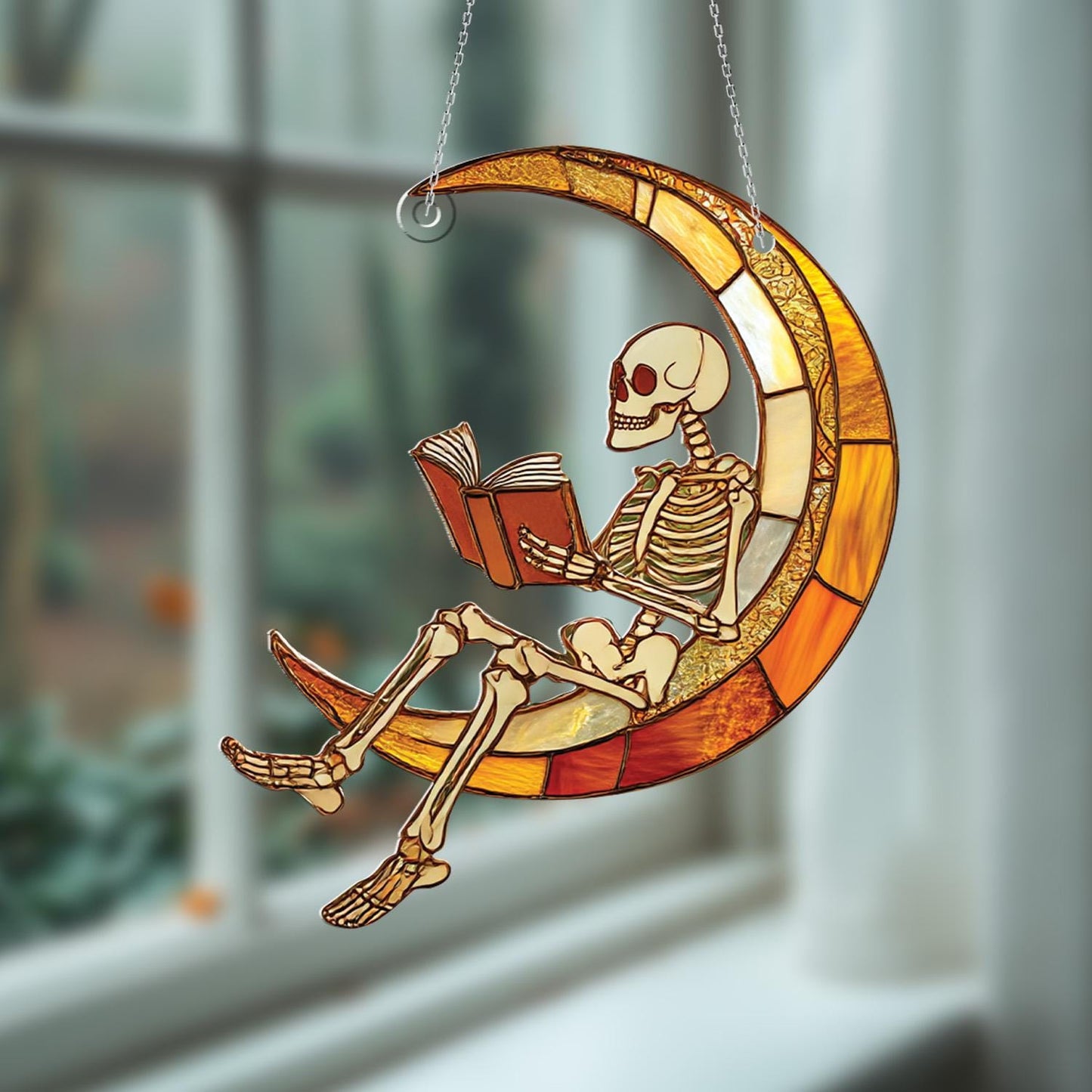 Skeleton Reading On Crescent Moon Window Hanging, Unique Gothic And Whimsical Décor For Halloween, Book Lovers, And Artistic Spaces