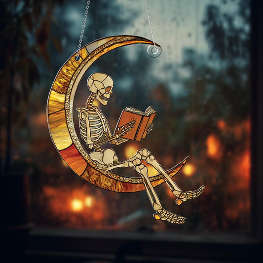Skeleton Reading On Crescent Moon Window Hanging, Unique Gothic And Whimsical Décor For Halloween, Book Lovers, And Artistic Spaces