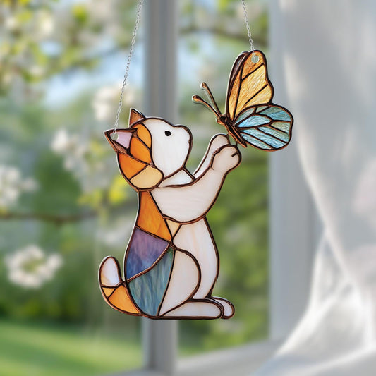 Cute Cat Playing With Butterfly Window Hanging, Colorful Whimsical Décor For Animal Lovers, Springtime Charm, And Playful Home Accent