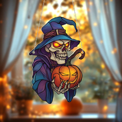 Spooky Skeleton In Witch Hat Holding Pumpkin Window Hanging, Gothic Halloween Décor For Haunted Home, Creepy And Festive Accent