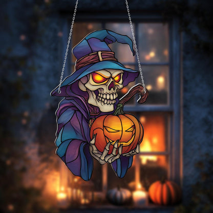 Spooky Skeleton In Witch Hat Holding Pumpkin Window Hanging, Gothic Halloween Décor For Haunted Home, Creepy And Festive Accent