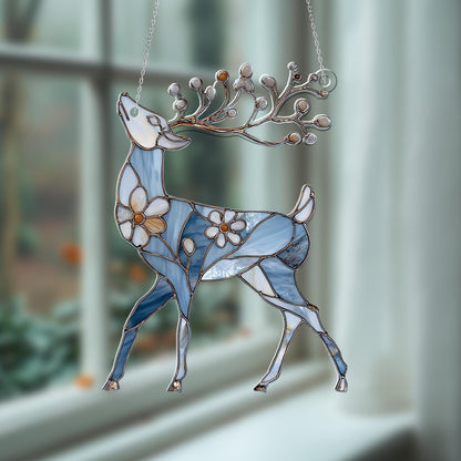 Elegant Blue Reindeer Window Hanging With Floral And Pinecone Details, Winter Wonderland Décor For Festive And Cozy Seasonal Charm