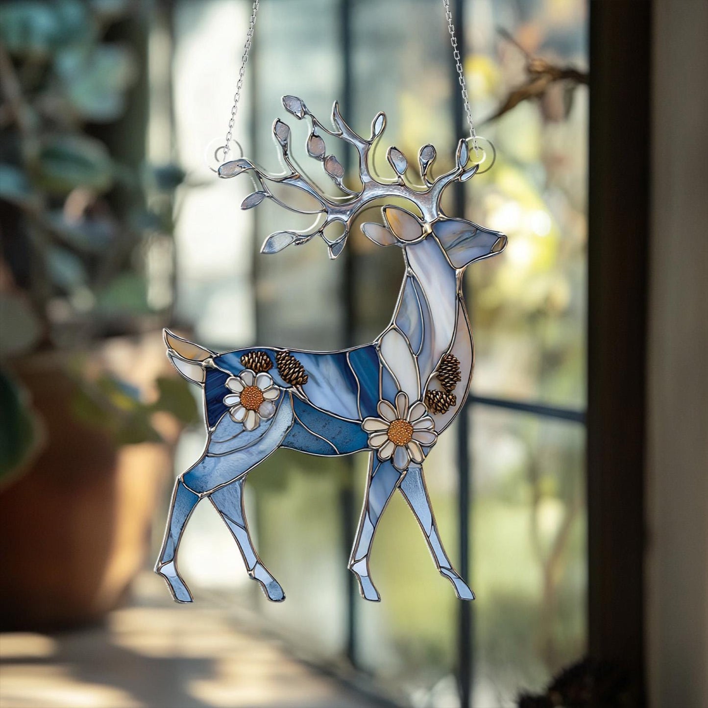 Elegant Blue Reindeer Window Hanging With Floral And Pinecone Details, Winter Wonderland Décor For Festive And Cozy Seasonal Charm