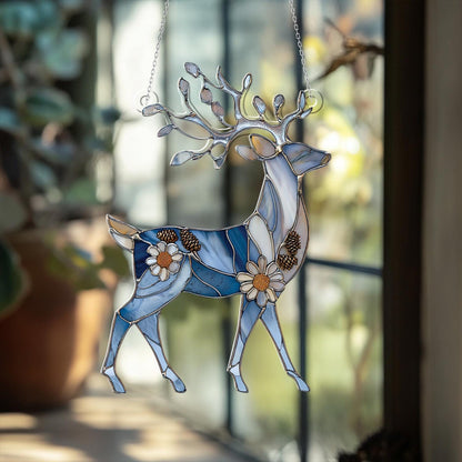 Elegant Blue Reindeer Window Hanging With Floral And Pinecone Details, Winter Wonderland Décor For Festive And Cozy Seasonal Charm