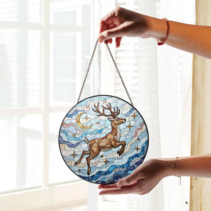 Suncatcher stained glass leaping deer moon and stars Christmas gift for mom