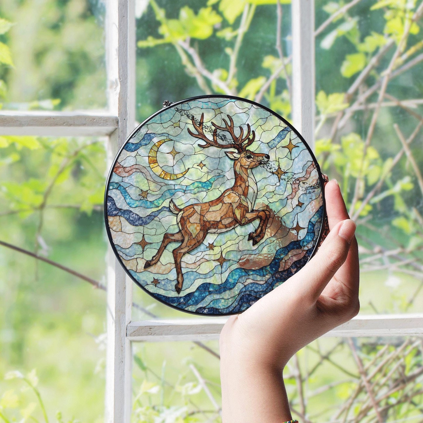 Suncatcher stained glass leaping deer moon and stars Christmas gift for mom
