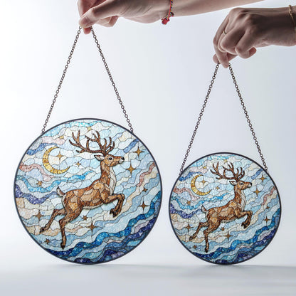Suncatcher stained glass leaping deer moon and stars Christmas gift for mom