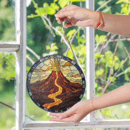 Suncatcher stained glass volcano eruption with flowing lava housewarming gift for mom birthday gift