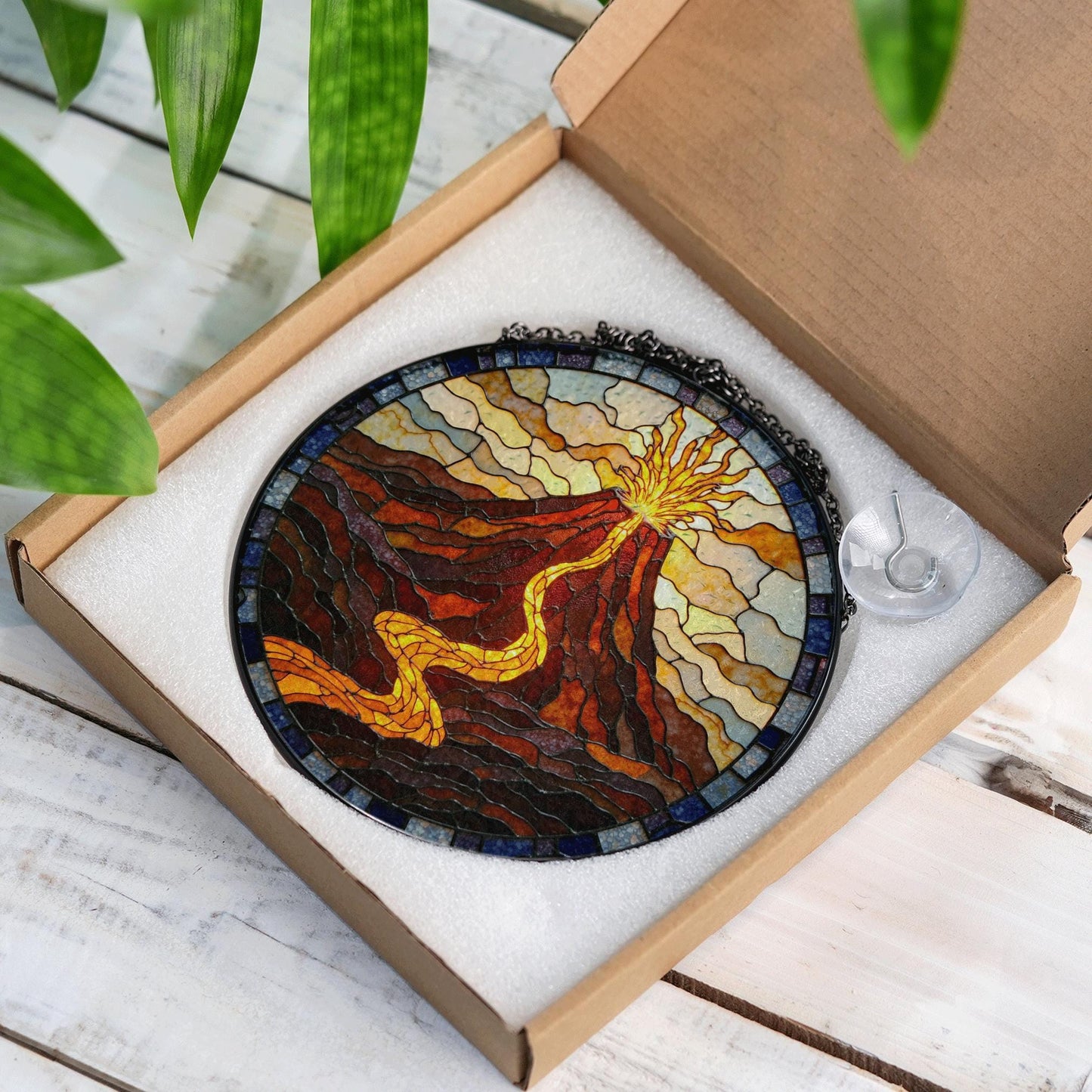 Suncatcher stained glass volcano eruption with flowing lava housewarming gift for mom birthday gift