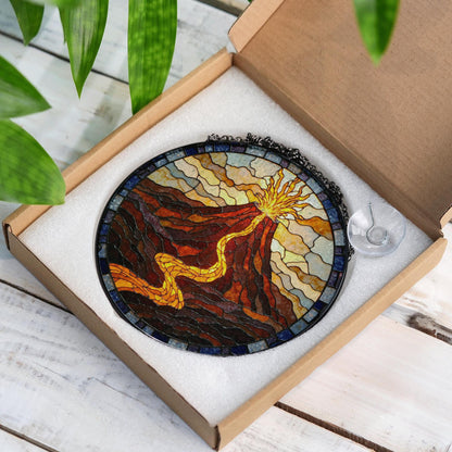 Suncatcher stained glass volcano eruption with flowing lava housewarming gift for mom birthday gift