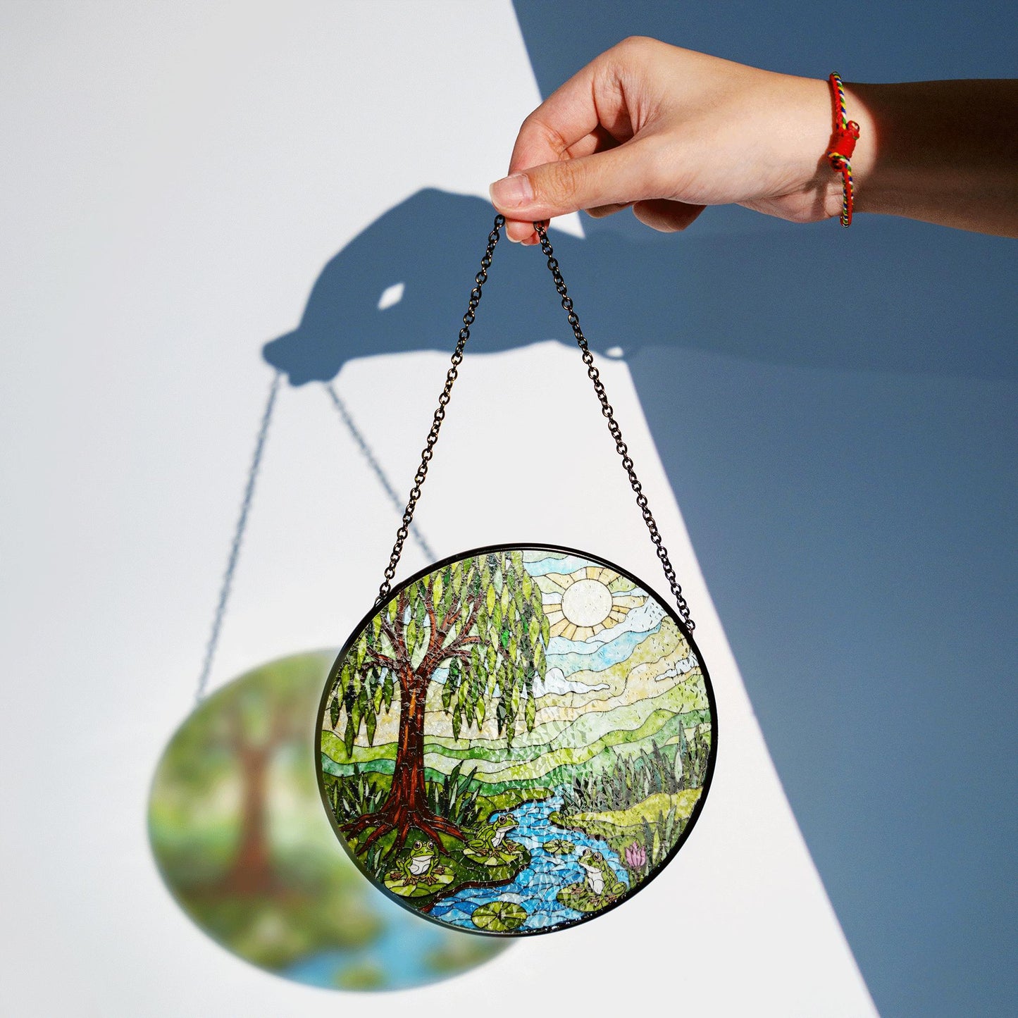 Suncatcher stained glass willow tree pond frogs nature scene gift for mom Mothers Day gift