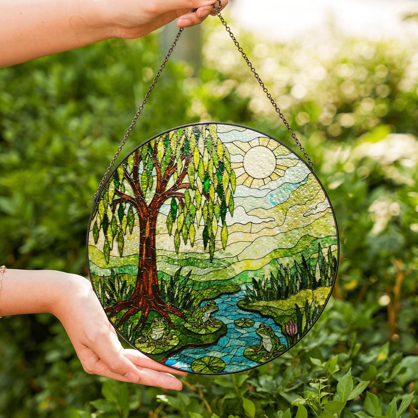 Suncatcher stained glass willow tree pond frogs nature scene gift for mom Mothers Day gift