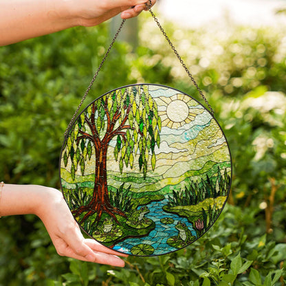 Suncatcher stained glass willow tree pond frogs nature scene gift for mom Mothers Day gift