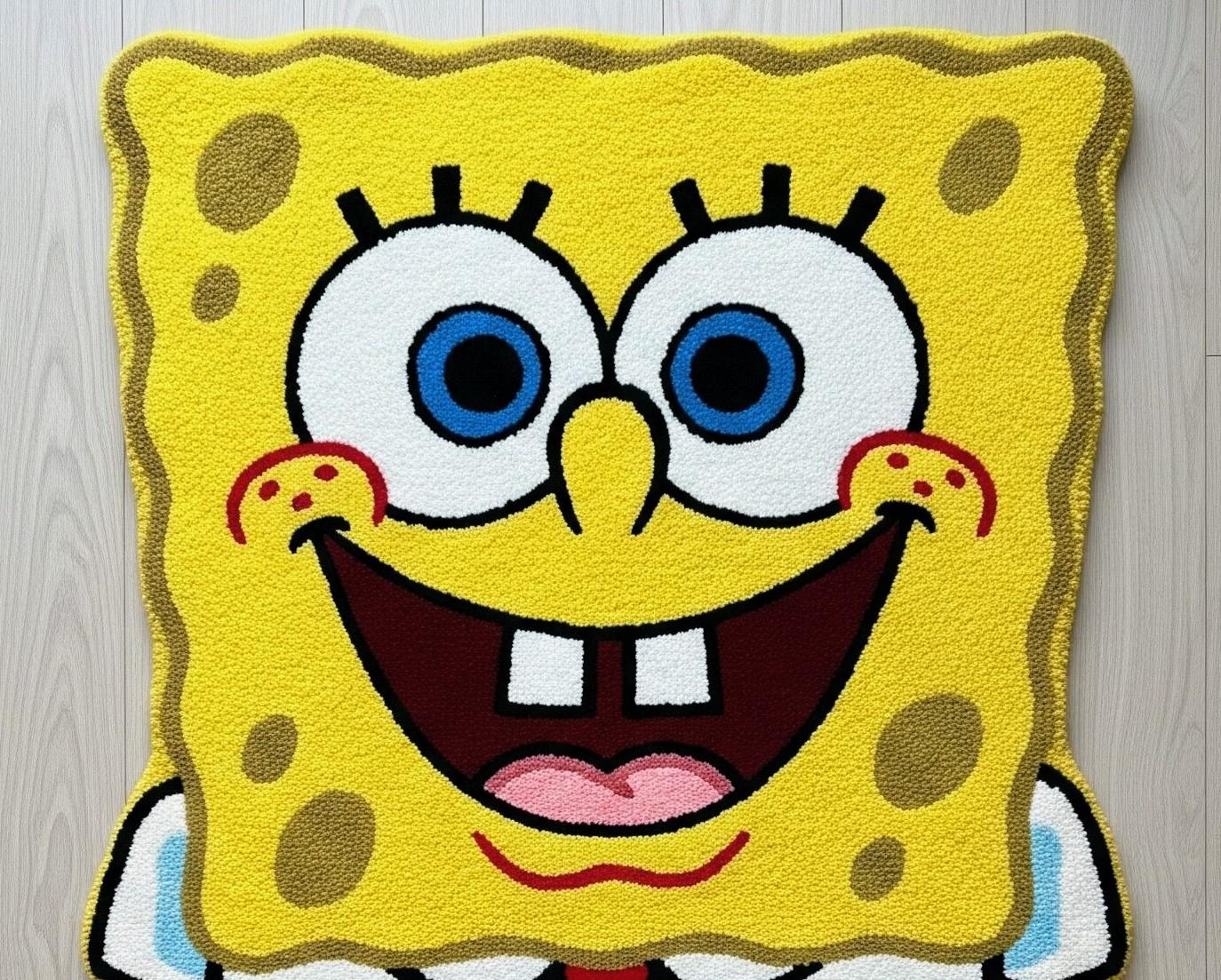 Handmade Wool SpongeBob Rug: Playroom Kids Carpet 5x8 Gift For Bob Lover
