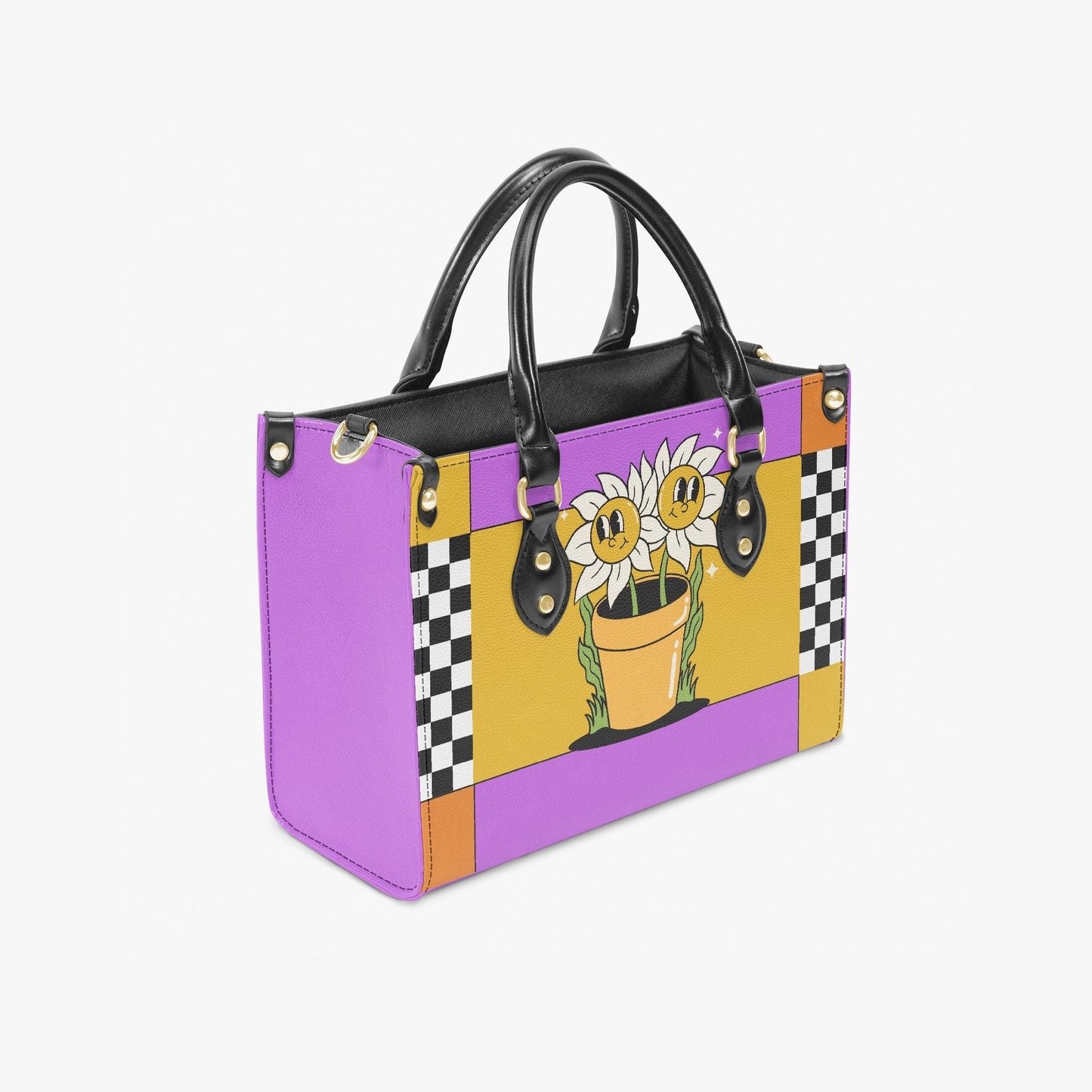 Sunflower Checkered Handbag | Purple Yellow PU Leather Purse | Retro Vintage Style Bag | Crossbody Shoulder Bag | Floral Tote Bag Gift