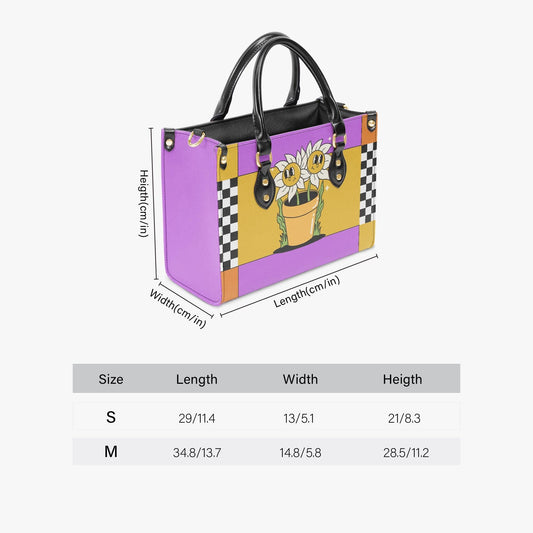 Sunflower Checkered Handbag | Purple Yellow PU Leather Purse | Retro Vintage Style Bag | Crossbody Shoulder Bag | Floral Tote Bag Gift