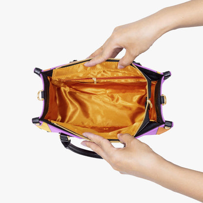 Sunflower Checkered Handbag | Purple Yellow PU Leather Purse | Retro Vintage Style Bag | Crossbody Shoulder Bag | Floral Tote Bag Gift