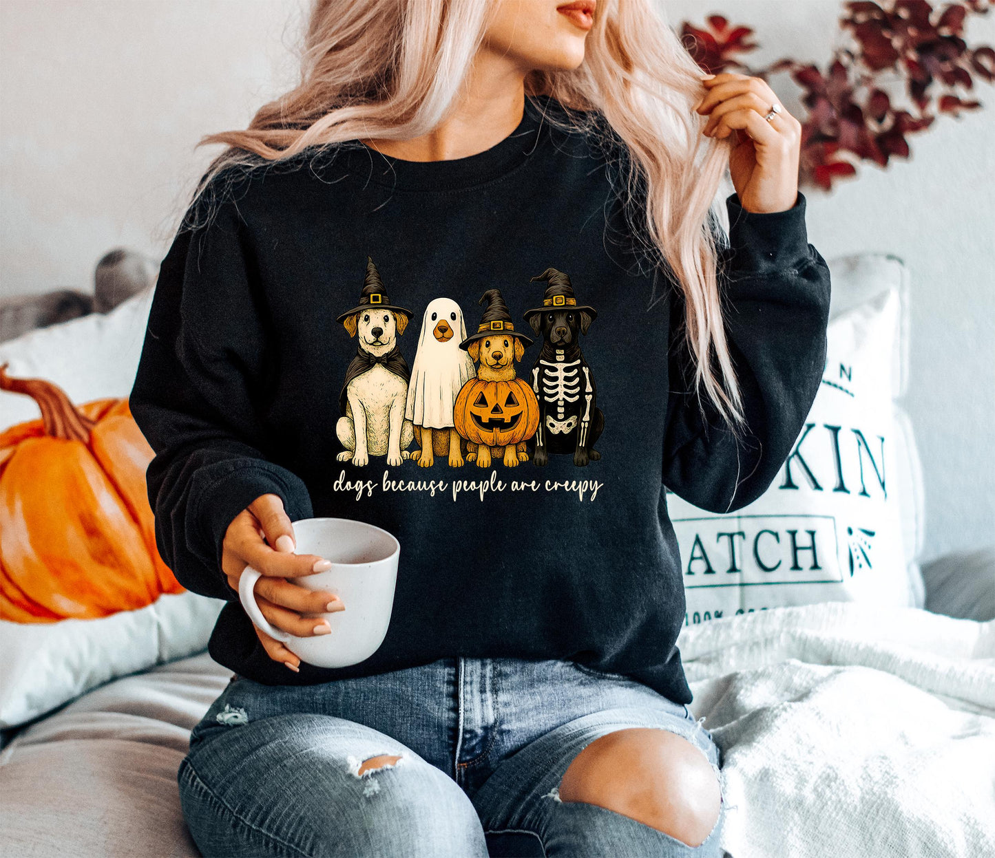 Dogs Because People Are Creepy Sweatshirt, Funny Halloween Dog Mom, Spooky Dog Shirt, Vintage Retro Dog Lover Shirt,Halloween Tee