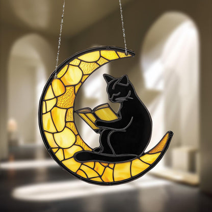 Black Cat Reading on Crescent Moon Hanging Panel with Yellow Mosaic Design, Unique Window or Wall Art for Book and Cat Lovers