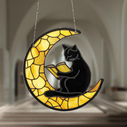 Black Cat Reading on Crescent Moon Hanging Panel with Yellow Mosaic Design, Unique Window or Wall Art for Book and Cat Lovers