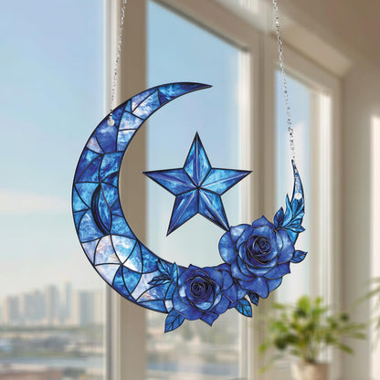 Blue Crescent Moon and Star Hanging Panel with Rose Design, Elegant Window or Wall Art for Home, Garden, and Celestial Lovers