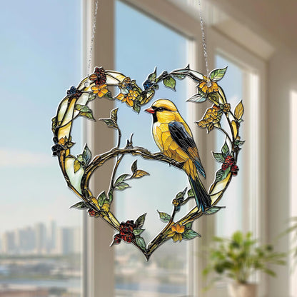 Yellow Bird on Heart-Shaped Floral Vine Hanging Panel, Nature-Inspired Window or Wall Art, Perfect Gift for Bird and Garden Lovers