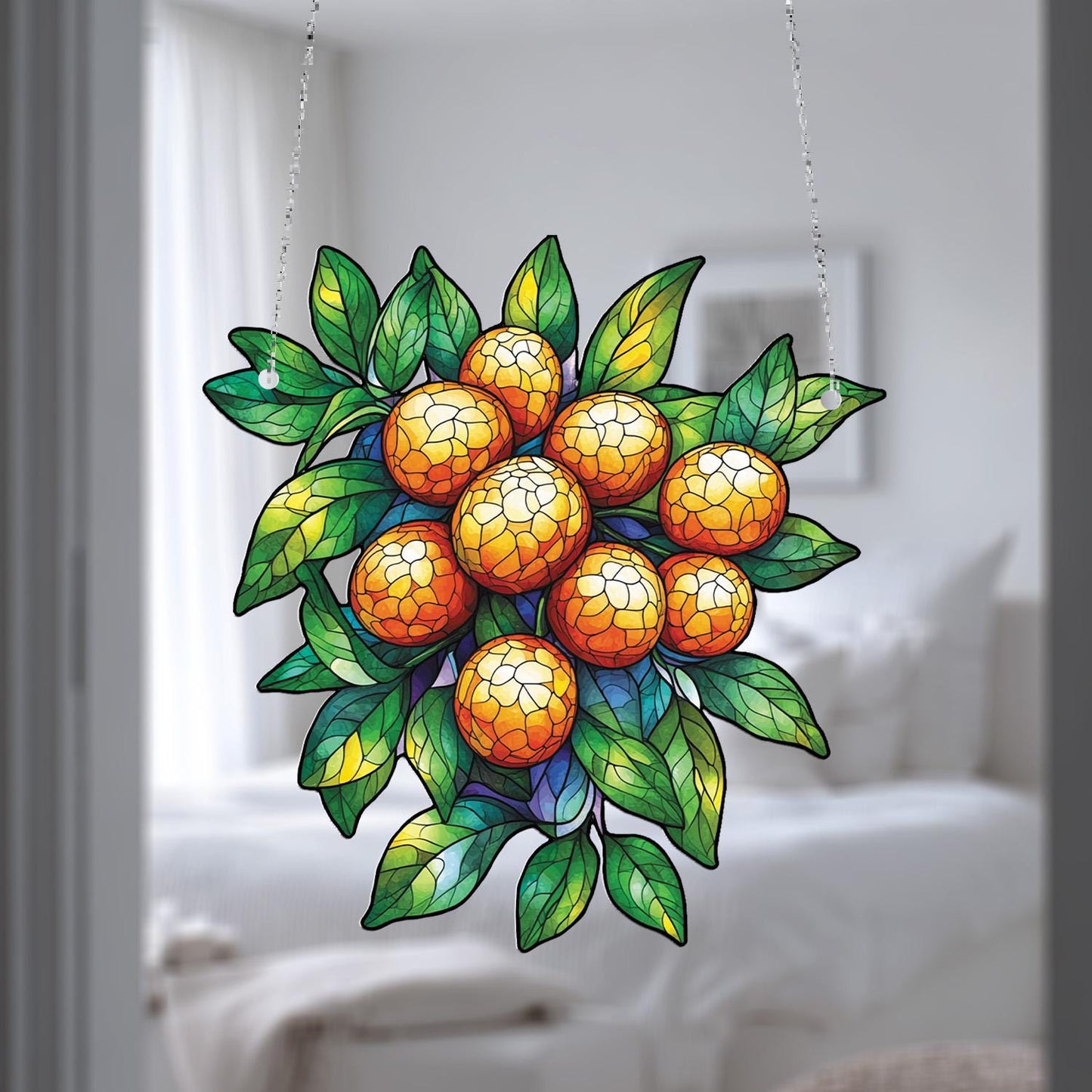 Orange Fruit and Leaf Cluster Hanging Panel, Vibrant Window or Wall Art for Kitchen, Dining Room, and Nature-Inspired Home Décor