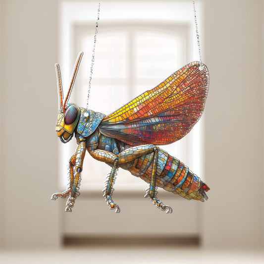 Colorful Grasshopper Hanging Panel with Detailed Mosaic Design, Unique Window or Wall Art for Nature, Insect, and Garden Enthusiasts