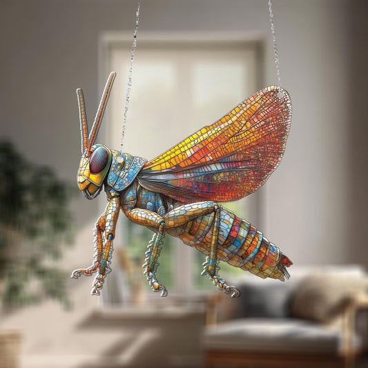 Colorful Grasshopper Hanging Panel with Detailed Mosaic Design, Unique Window or Wall Art for Nature, Insect, and Garden Enthusiasts
