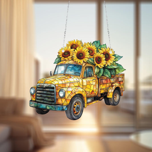 Vintage Yellow Truck with Sunflower Bouquet Hanging Panel, Rustic Window or Wall Art for Farmhouse, Garden, and Country Home Décor