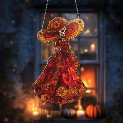 Elegant La Catrina Skeleton Window Hanging for Day of the Dead, Gothic Halloween, and Mexican Folk Art Home Decor