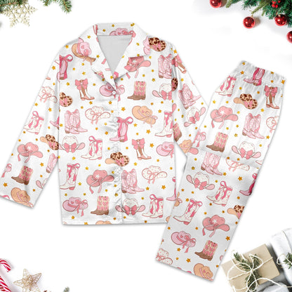 Pink Cowgirl Boots And Hat Country Themed Pajamas, Boots And Hats Western Cowgirl Pajamas Set, Cowgirl Boots Pajamas Set Gifts