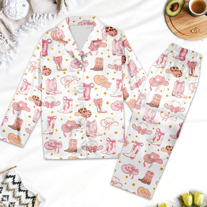 Pink Cowgirl Boots And Hat Country Themed Pajamas, Boots And Hats Western Cowgirl Pajamas Set, Cowgirl Boots Pajamas Set Gifts