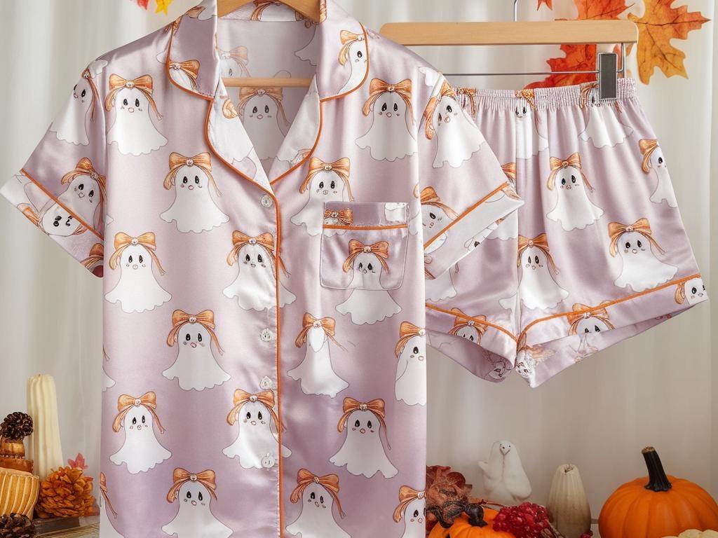 Cute Ghosts and Bows Satin Pajamas Set, Ghost Pajamas, Coquette Halloween Pajamas, Halloween Pajamas, Ghosts Bow Pajamas, Cozy Fall Pajamas