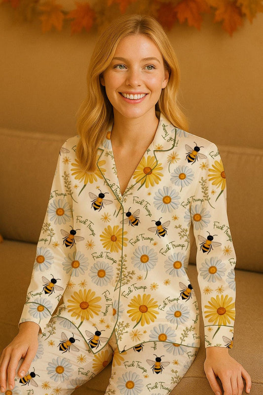 Subtle F*ck Trump Bee and Floral Pajama Set, Floral and Bee Pajama Set, Summer Vibes Sleepwear,4687, Anti Trump Sleepwear,  Hidden Swear Pjs