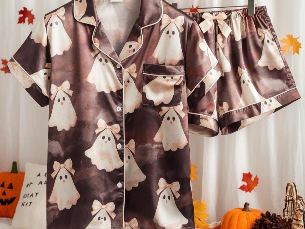 Cute Ghosts and Bows Satin Pajamas Set, Ghost Pajamas, Coquette Halloween Pajamas, Ghosts Bow Pajamas, Halloween Pajamas, Cozy Fall Pajamas
