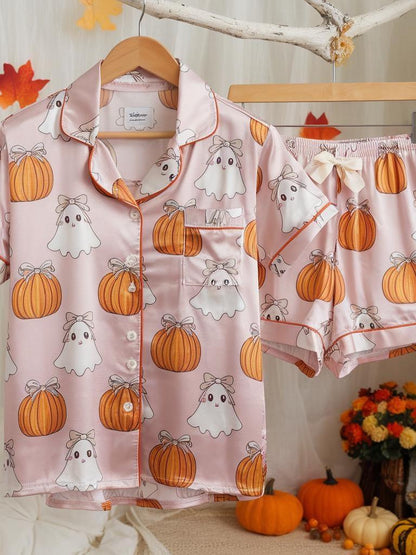 Cute Ghosts Bows and Pumpkins Satin Pajamas Set, Ghost Pajamas, Coquette Halloween Pajama, Halloween Pajamas, Pumpkin Pajamas, Cozy Fall Pjs