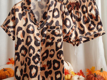 Leopard Pattern Satin Pajamas Set, Girlish Pajamas, Cute Women Pajamas, Leopard Skin Pajamas Set, Leopard & Cheetah Pajama, Halloween Pajama