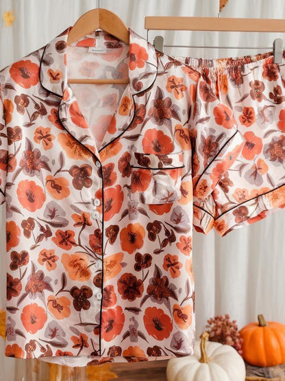 Cozy Fall Aesthetic Satin Pajamas Set, Autumn Pajamas, Fall Pajamas, Autumn Leaves Pajamas, Fall Flowers Pajamas, Halloween Pjs, Cozy Season