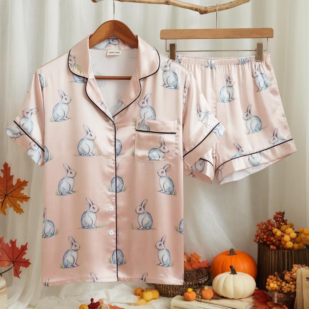 Cute Rabbit Satin Pajamas Set, Rabbits Pajamas, Women Pajamas, Cozy Fall Aesthetic Pajamas, Nature Lovers Pjs, Cute Animal Pjs, Family Pjs