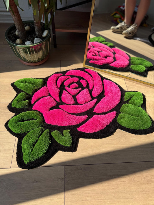Handmade Pink Rose Shaped Tufted Rug 3D Floral Carpet for Bedroom Living Room Aesthetic Decor Unique Soft Floor Mat 95x75cm Gift Idea