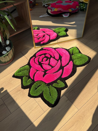 Handmade Pink Rose Shaped Tufted Rug 3D Floral Carpet for Bedroom Living Room Aesthetic Decor Unique Soft Floor Mat 95x75cm Gift Idea