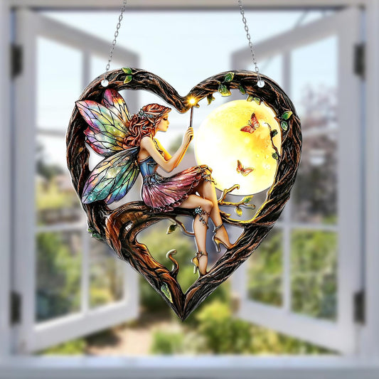 Fairy Heart Acrylic Window Hanging with Moon & Butterflies – Colorful Sun Catcher for Whimsical, Magical Home and Garden Décor