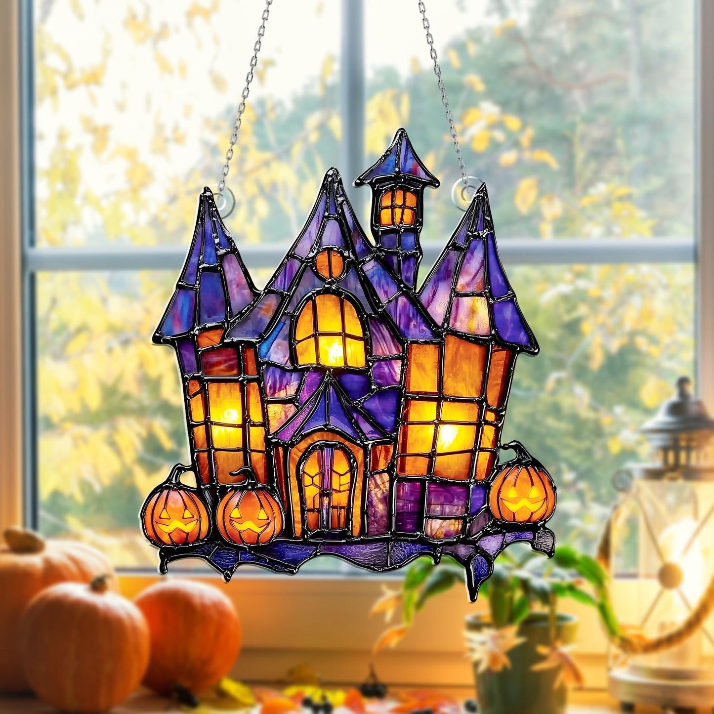 Halloween Haunted House Acrylic Window Hanging with Pumpkins – Spooky Sun Catcher for Gothic, Horror, and Festive Holiday Home Décor