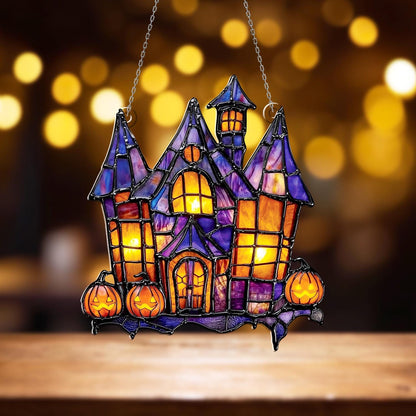 Halloween Haunted House Acrylic Window Hanging with Pumpkins – Spooky Sun Catcher for Gothic, Horror, and Festive Holiday Home Décor