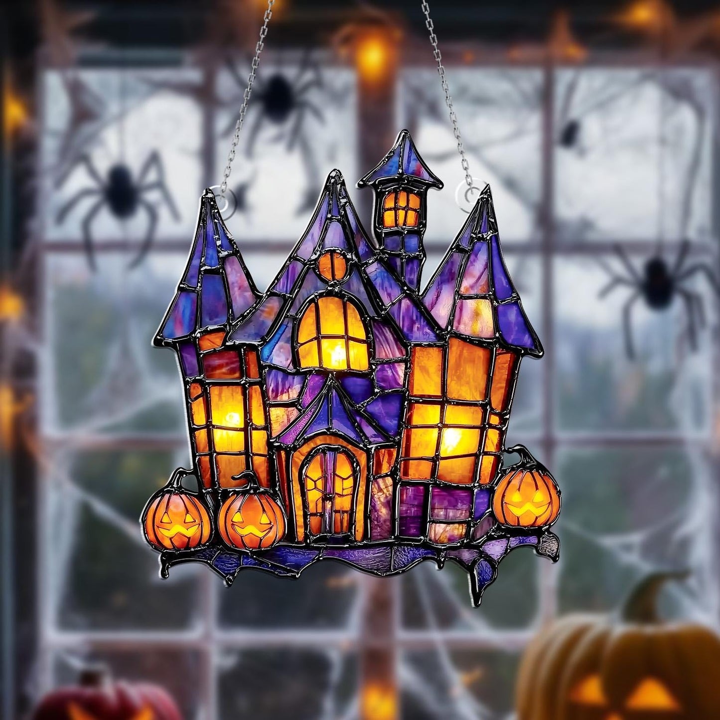 Halloween Haunted House Acrylic Window Hanging with Pumpkins – Spooky Sun Catcher for Gothic, Horror, and Festive Holiday Home Décor