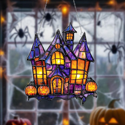 Halloween Haunted House Acrylic Window Hanging with Pumpkins – Spooky Sun Catcher for Gothic, Horror, and Festive Holiday Home Décor