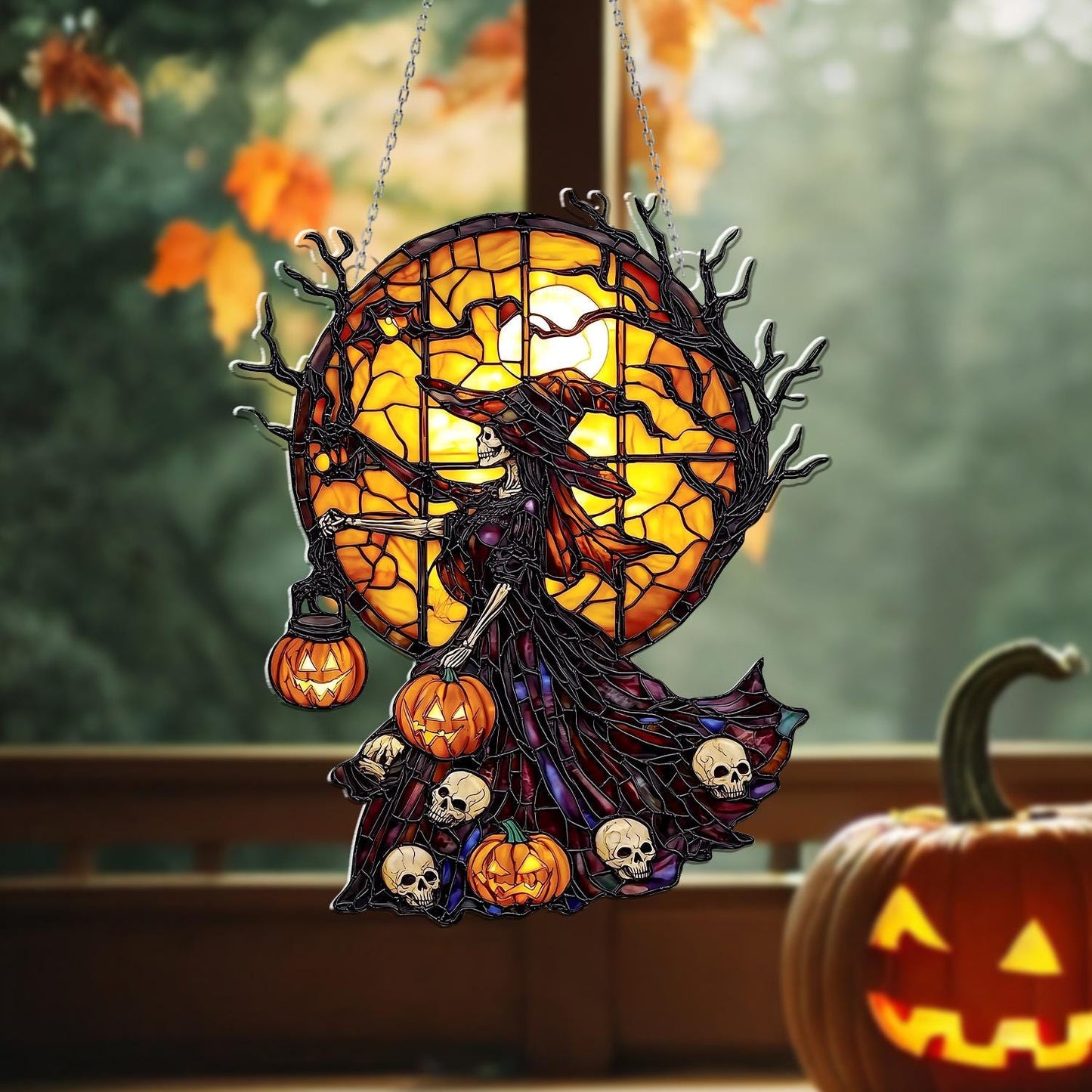 Halloween Skeleton Witch Acrylic Window Hanging with Full Moon & Pumpkins – Spooky Sun Catcher for Gothic Horror Holiday Home Décor