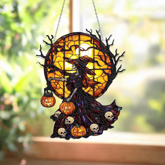 Halloween Skeleton Witch Acrylic Window Hanging with Full Moon & Pumpkins – Spooky Sun Catcher for Gothic Horror Holiday Home Décor