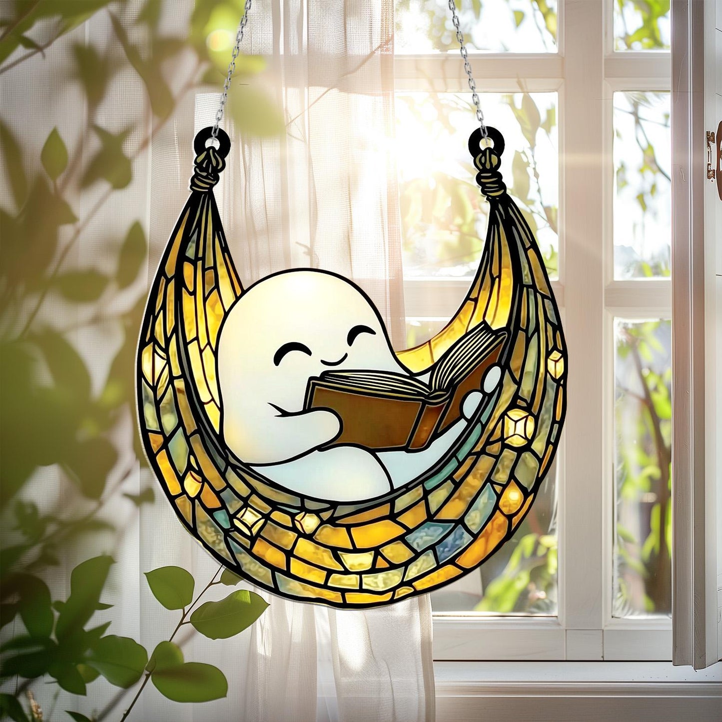Cute Ghost Reading Book Acrylic Window Hanging – Adorable Sun Catcher for Whimsical, Cozy, and Halloween Home or Kids Room Décor